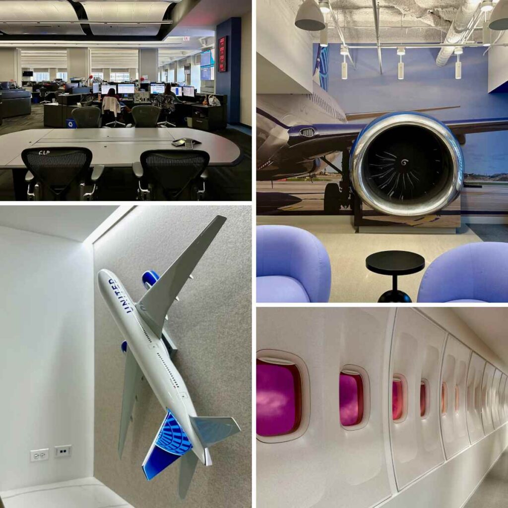 دکوراسیون شرکت هواپیمایی با طراحی فضا شبیه به پنجره‌های هواپیما و یا استفاده از المان هواپیما در محیط