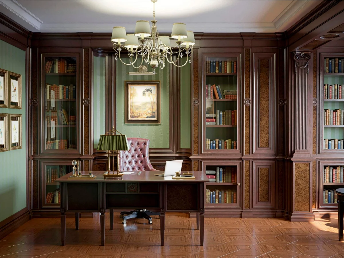 دکوراسیون اتاق‌کار لوکس با تم رنگی قهوه‌ای-سبز همراه با کتابخانه چوبی با درب شیشه‌ای