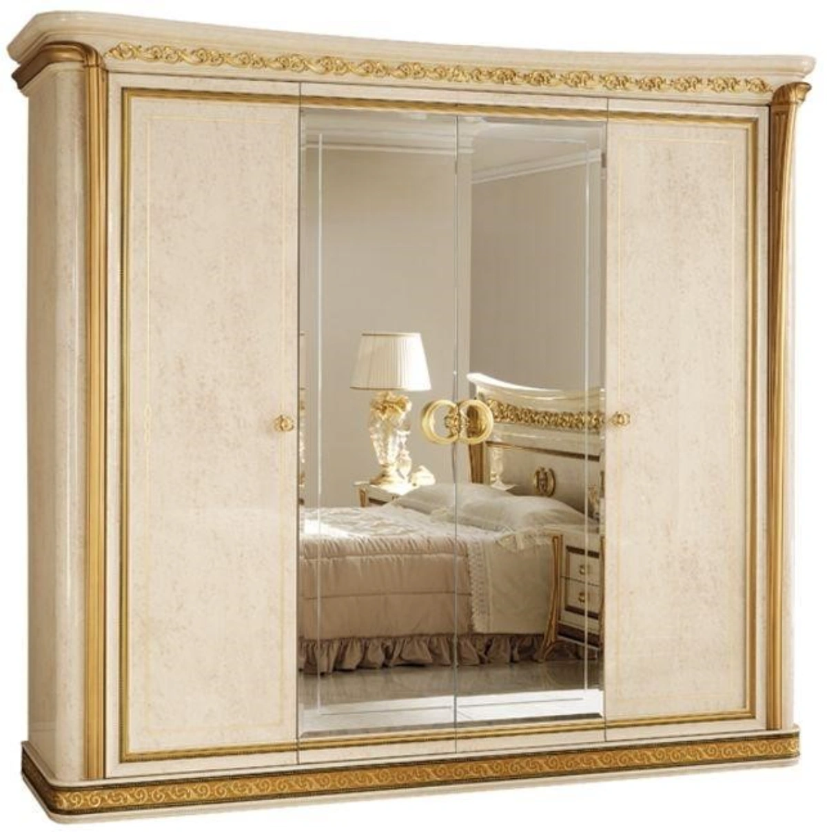 کمد دیواری کلاسیک با درب ریلی آینه ای و چوبی به رنگ سفید طلایی