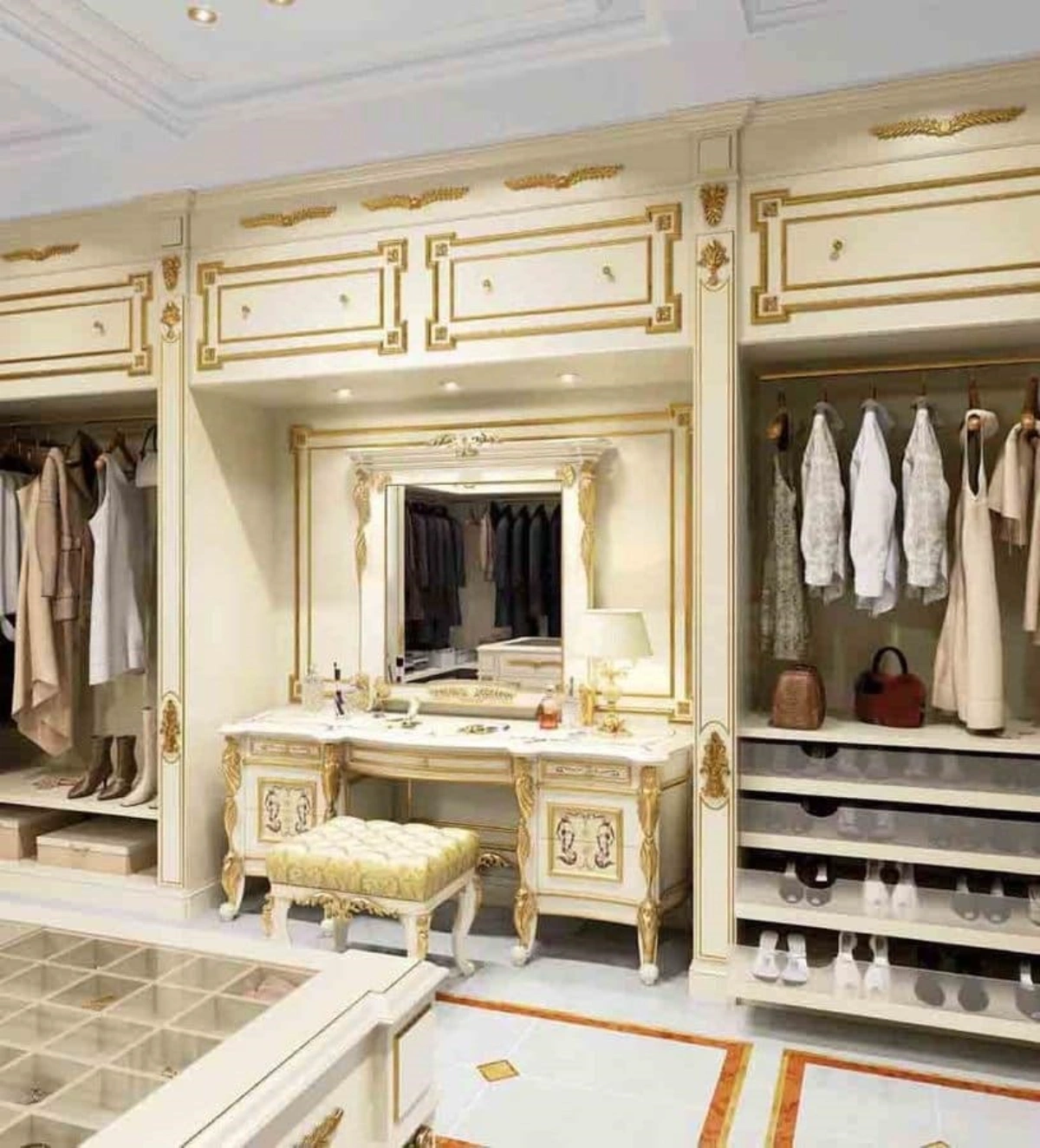 کلوزت روم سفید طلایی به سبک اشرافی کلاسیک دارای میز آرایش و آینه