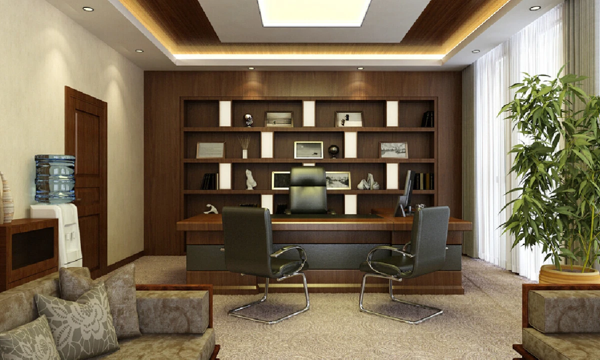 لوازم ضروری شامل صندلی، میز چوبی و گلدان برای دکوراسیون اداری مدرن اتاق مدیر