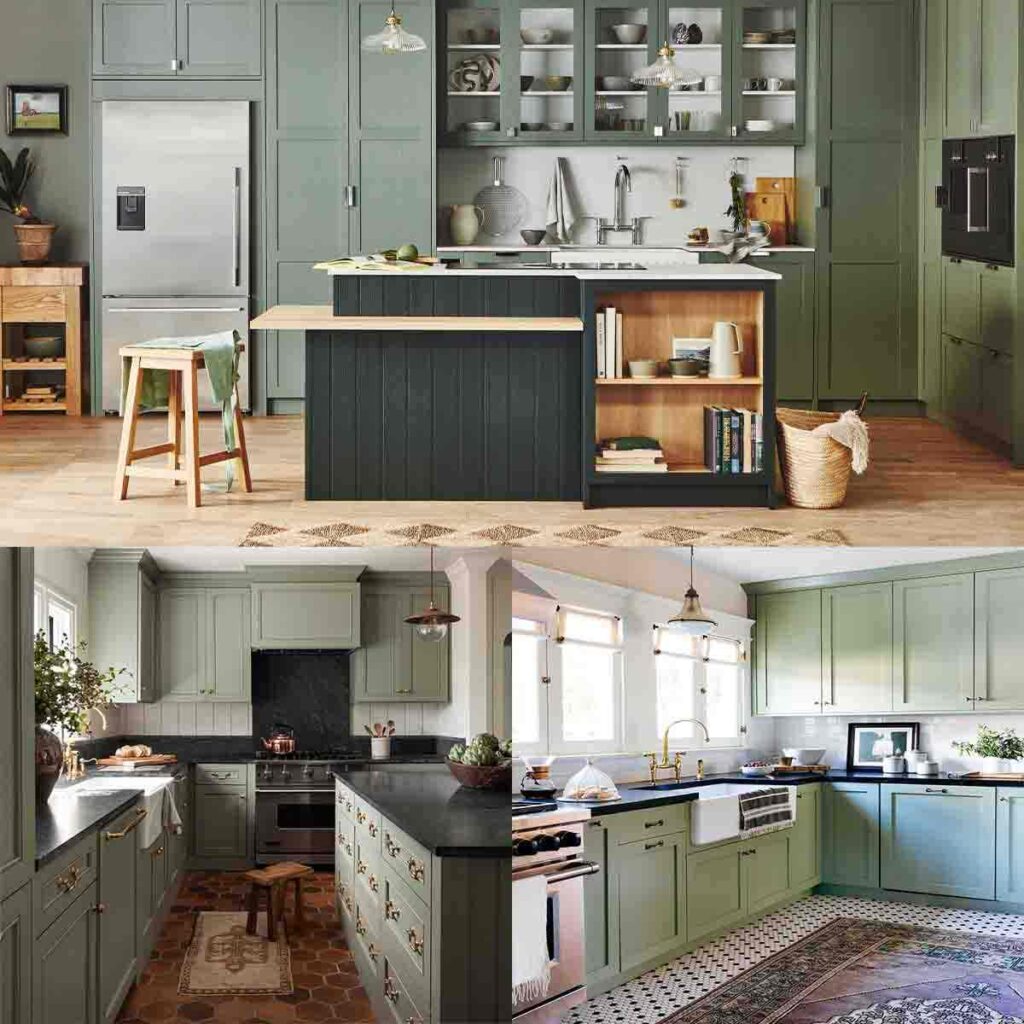 تصویر سه آشپزخانه با کابینت‌های نئوکلاسیک سبز ارگونومیک