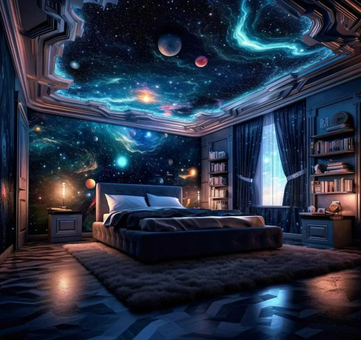 سقف‌کاذب اتاق کودک با طرح کهکشان‌ها و سیارات به رنگ آبی تیره