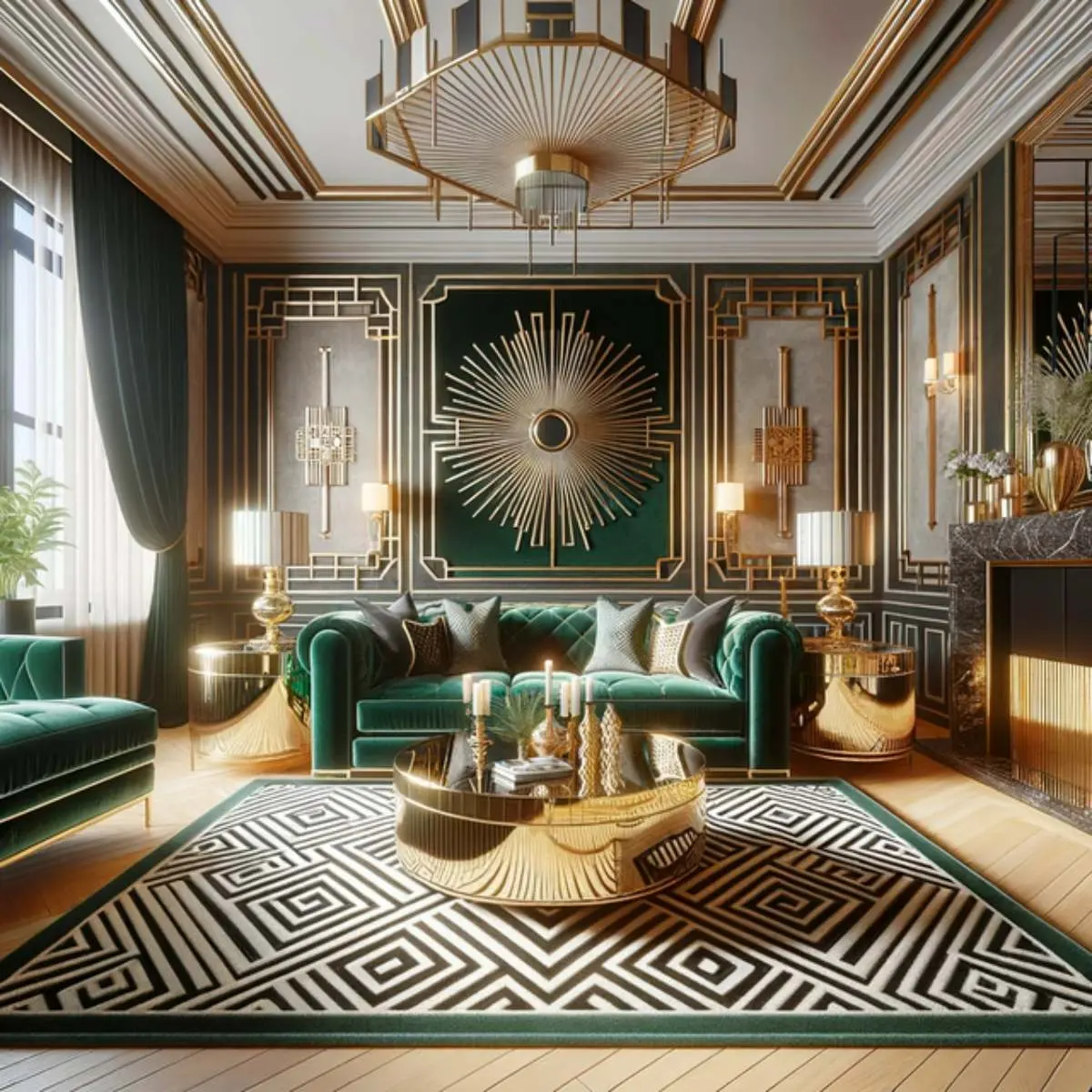 طراحی لوکس خانه با مبلمان طلایی سبز و فرش سفید مشکی سبز سه بعدی با هوش مصنوعی