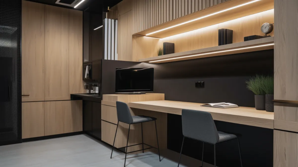 کابینت اداری مینیمال آشپزخانه با نورپردازی زیرکابینتی با طرح چوب
