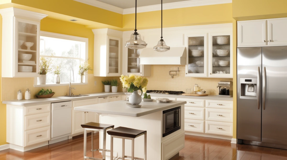 نقاشی دیوارهای آشپزخانه با رنگ نخودی و زرد همراه با کابینت‌های سفید