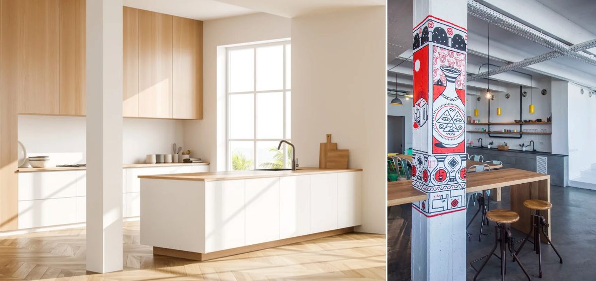 ستون سفید وسط آشپزخانه مدرن با کابینت ترکیبی سفید و چوبی و ستون نقاشی شده سفید و قرمز آشپزخانه دیگر