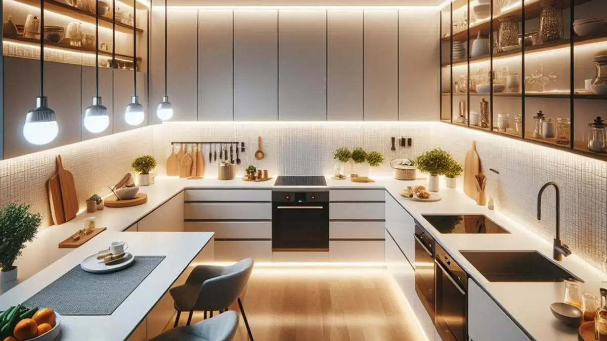 نورپردازی خطی و چراغ‌های آویزان در آشپزخانه با قابلیت سنسورهای محیطی