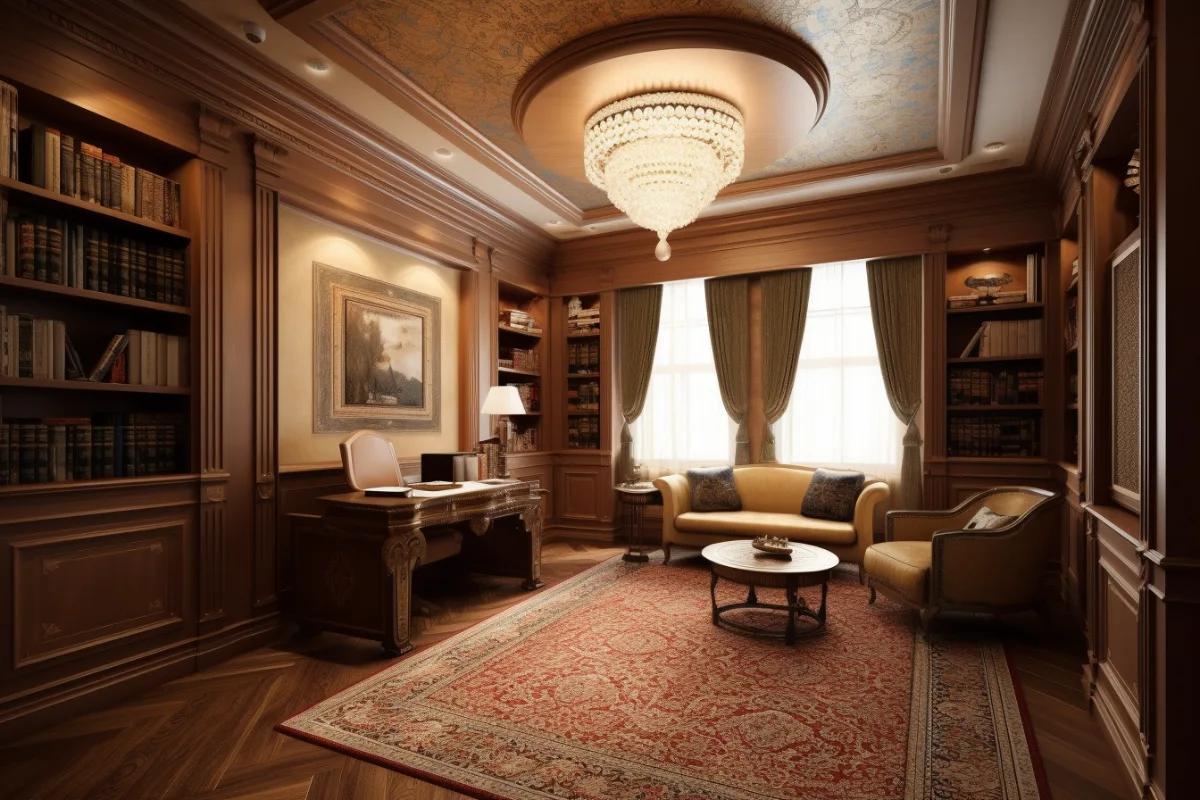 اتاق‌کار کلاسیک چوبی قهوه‌ای با فرش قرمز دارای نقش و نگار و مبلمان کرمی