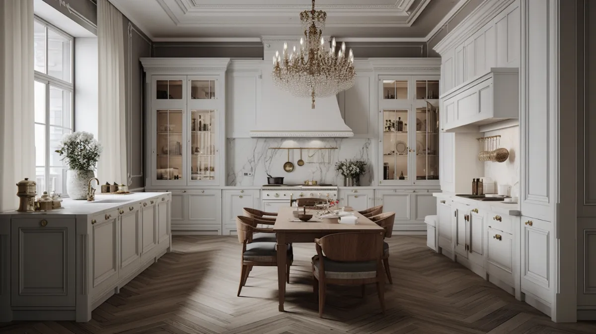 آشپزخانه با کابینت سفید نئوکلاسیک با میزنهارخوری مدرن چهارگوش چوبی