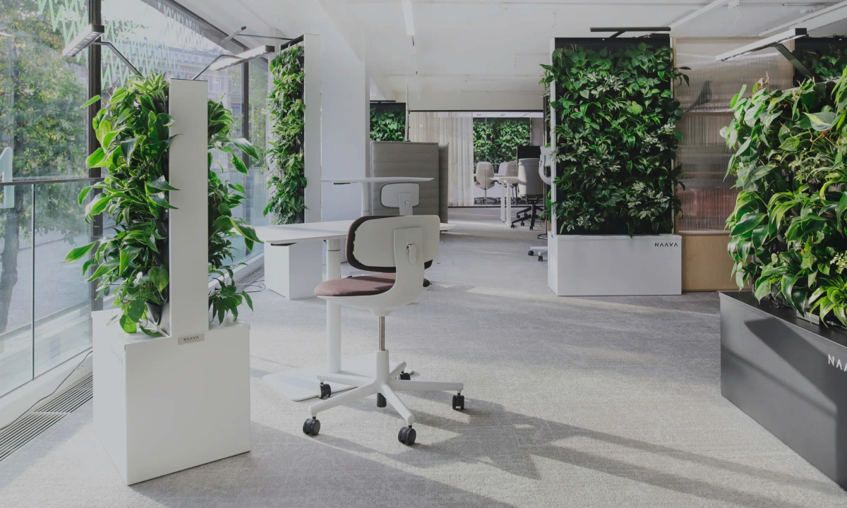 طراحی دکوراسیون اداری به سبک مدرن با ایجاد فضایی آرامش بخش پر از گیاه و یک صندلی