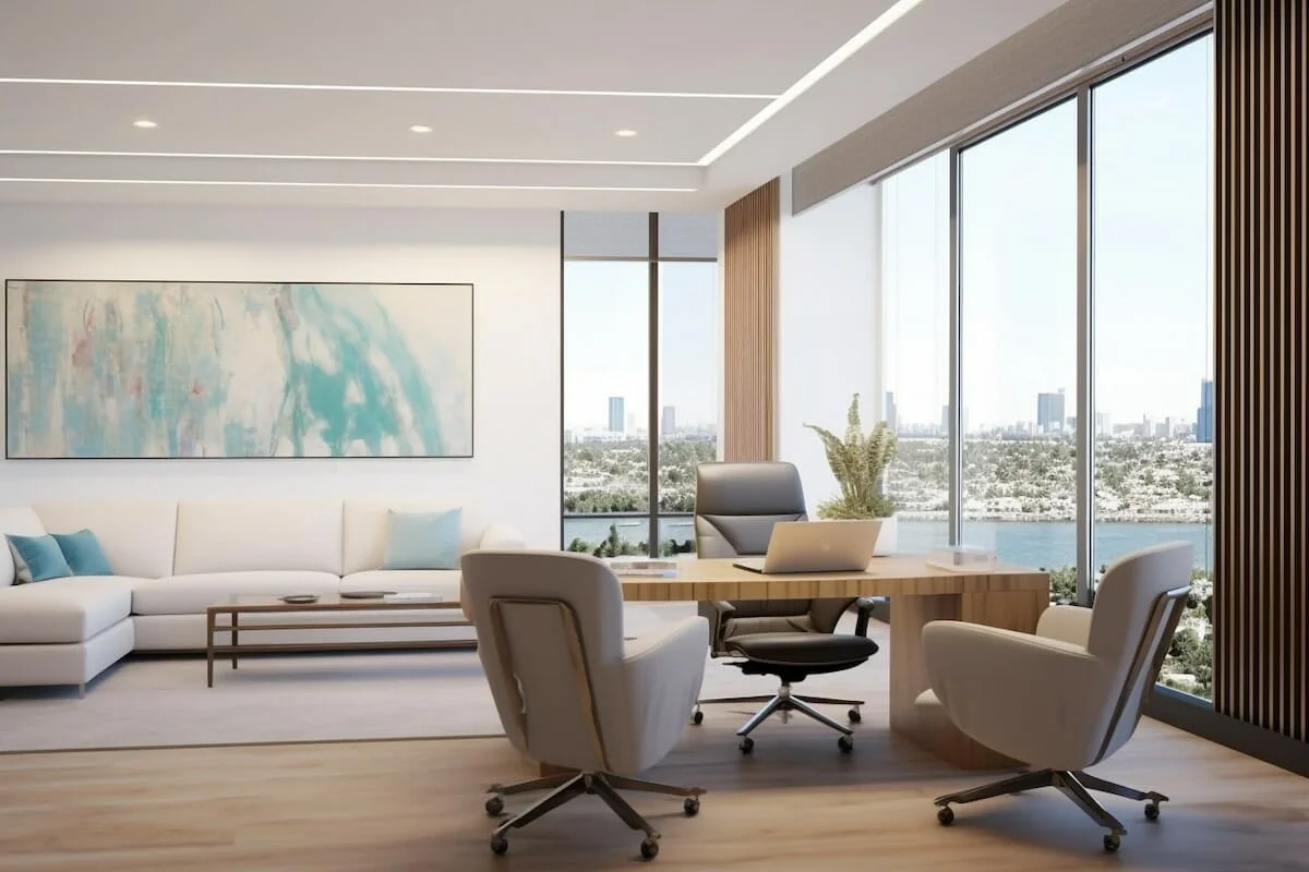 اتاق‌کار مدرن با پنجره‌های بزرگ و مبلمان سفید با کوسن‌های آبی و یک میز کار مدرن
