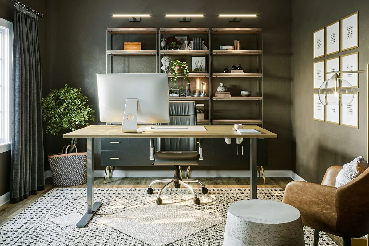 اتاق‌کار با میز و کتابخانه ساده ساخته شده از صفحات چوبی و پایه‌های فلزی مشکی