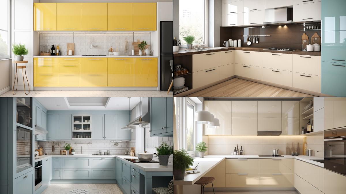 انواع کابینت آشپزخانه با رنگ های روشن زرد، سفید و آبی آسمانی