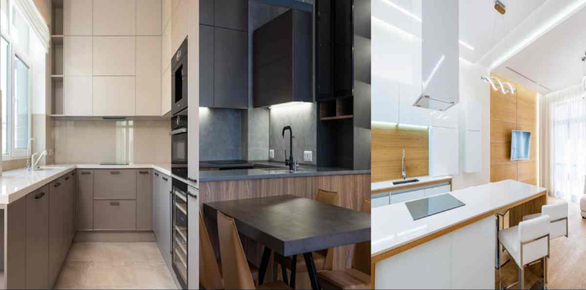 سه مدل آشپزخانه مدرن با کابینت ساده و رنگ‌های سفید، بژ و مشکی