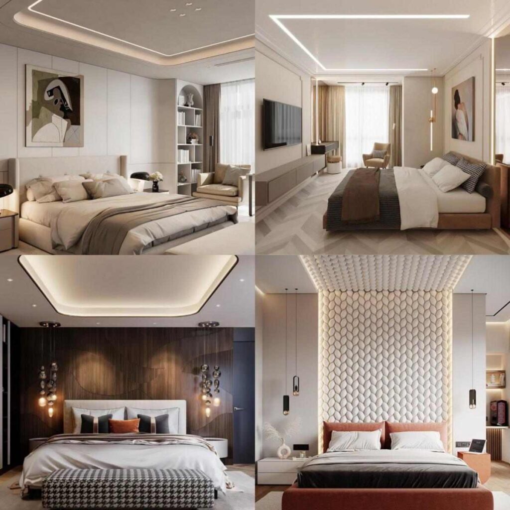 انواع سقف‌کاذب کناف اتاق‌خواب با طرح پیوسته، مستطیلی و یا چراغ‌دار