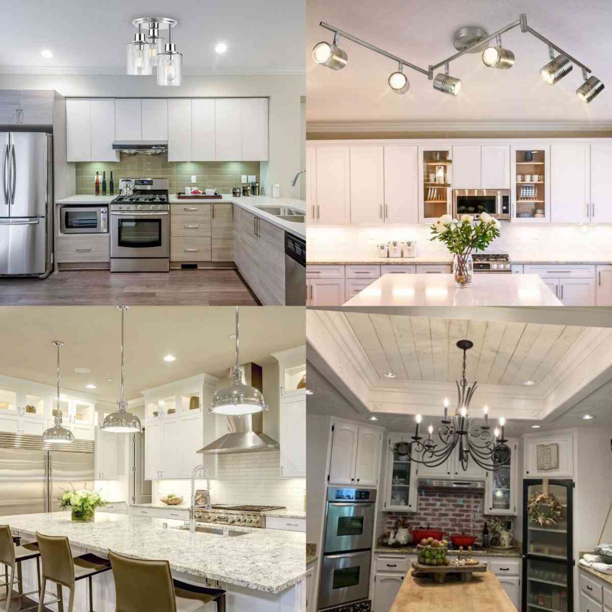انواع نورپردازی چندین سقف آشپزخانه با لوستر و نورهای مخفی در آشپزخانه‌هایی با کابینت سفید
