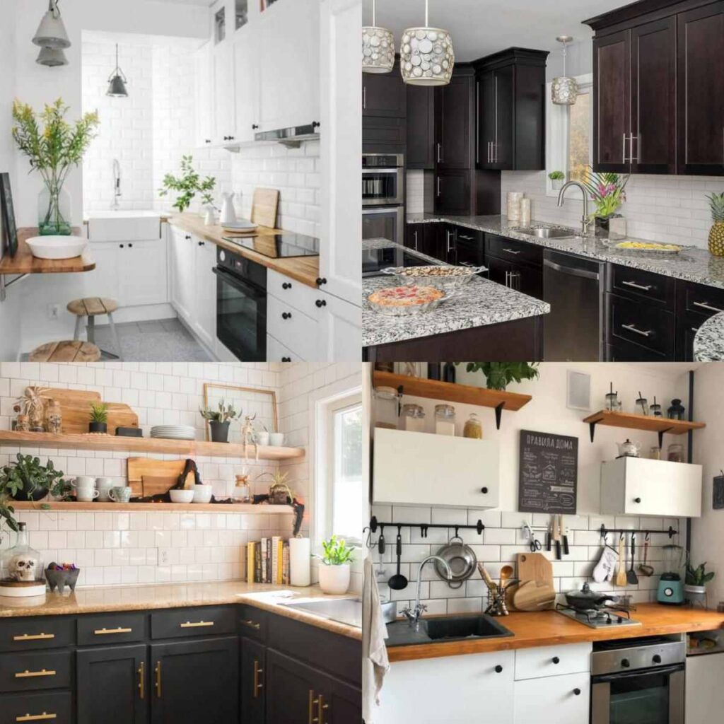 چند آشپزخانه زیبا و اقتصادی با کابینت‌های سفید و سیاه، دارای شلف و قفسه و گیاهان
