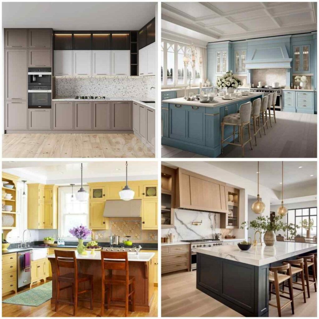 چهار آشپزخانه با کابینت نئوکلاسیک زرد قهوه‌ای، طوسی قهوه‌ای، آبی و سفیدطوسی