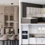 تصویر شاخص سه مدل کابینت نئوکلاسیک سفید و طوسی، سفید با درب شیشه‌ای و کابینت و جزیره نئوکلاسیک سفید