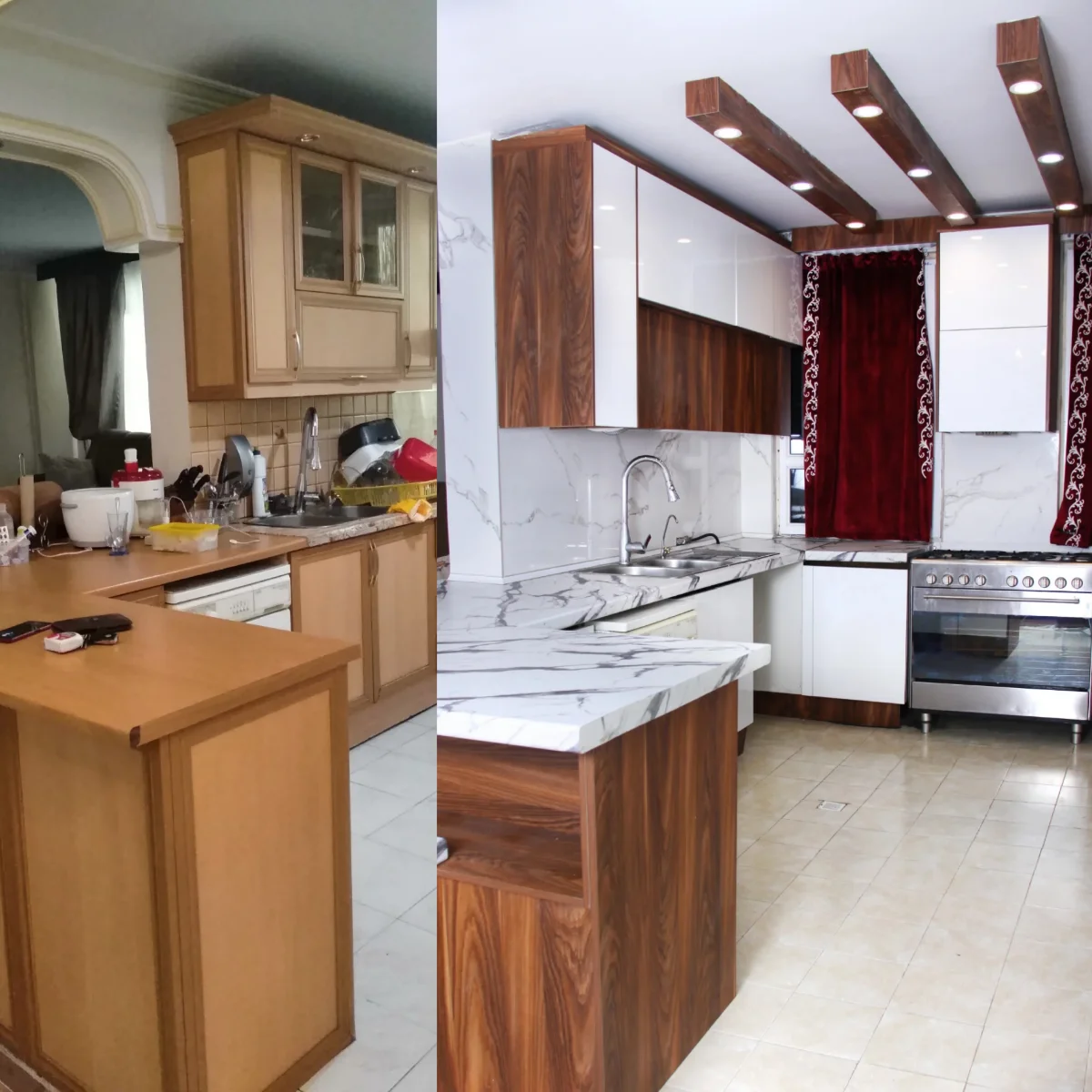 عکس سمت راست کابینت قدیمی و دمده، عکس سمت چپ همان آشپزخانه با کابینت مدرن سفید-چوبی جدید