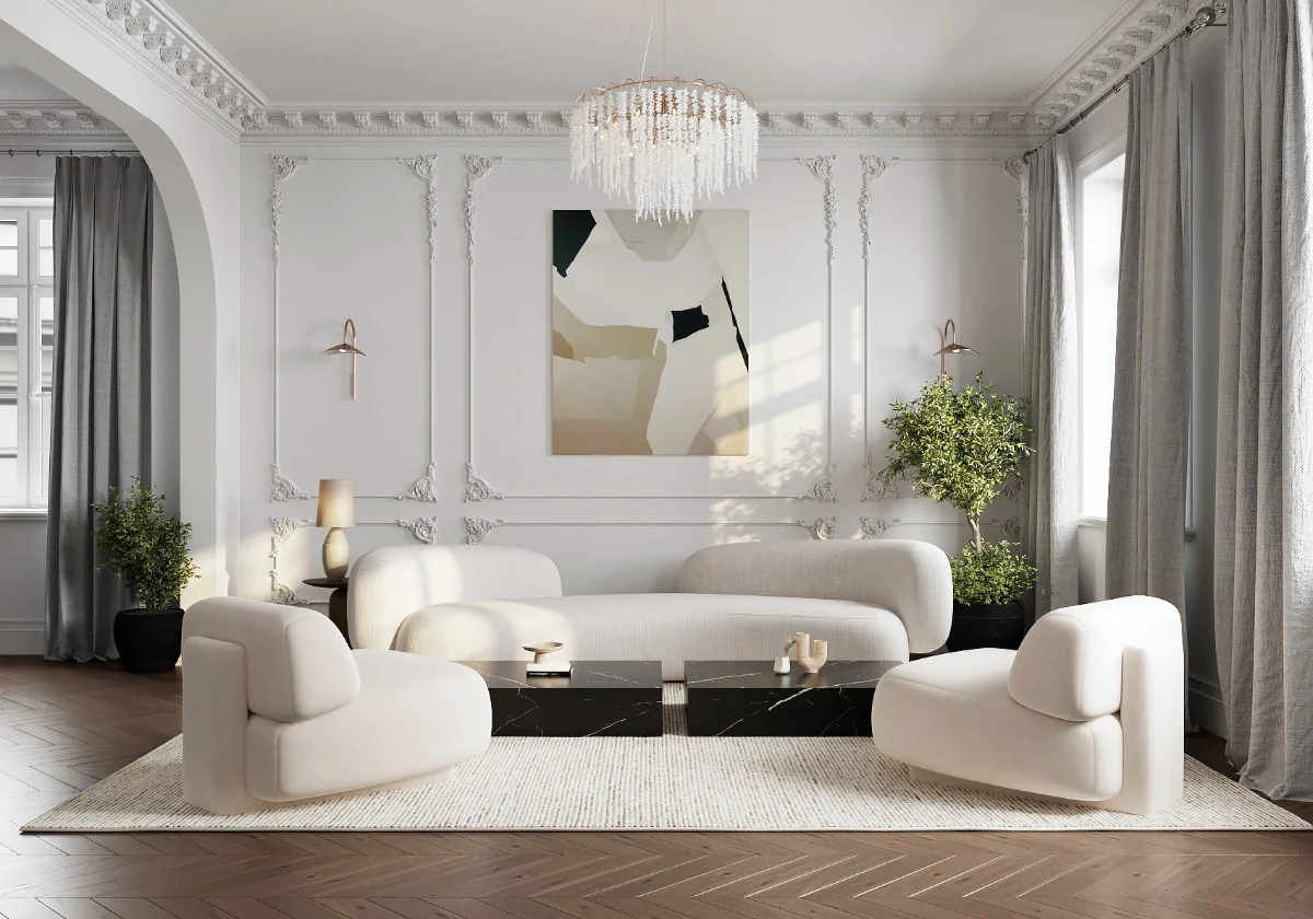 اتاق انتظار در یک محیط کاری با مبلمان سفید و پرده طوسی و کف‌پوش چوبی