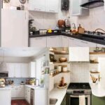 سه آشپزخانه کوچک با کابینت مدرن سفید و کابینت‌های سبز و سفید نئوکلاسیک