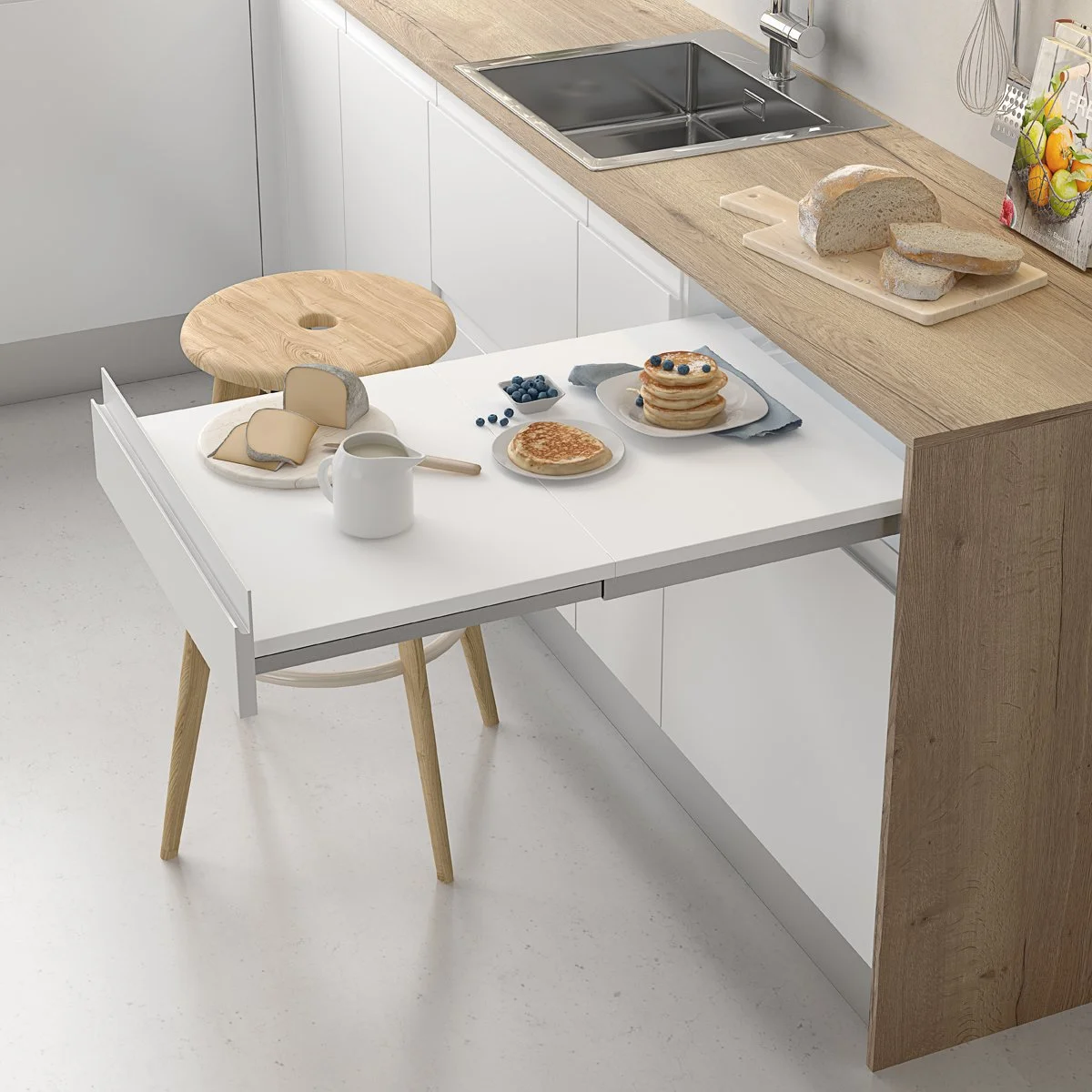 میز کشویی سفید در آشپزخانه کوچک با کابینت‌های سفید و چوبی