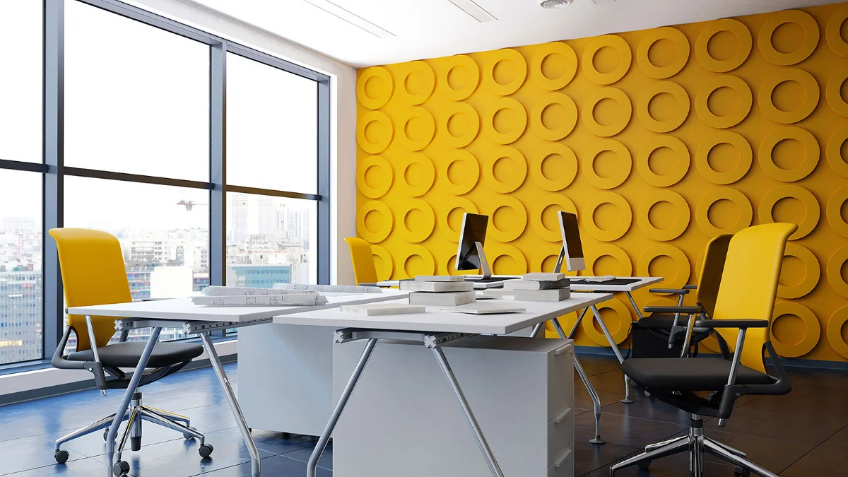 دفترکار با دیوار زرد و صندلی زرد  طوسی و میز سفید